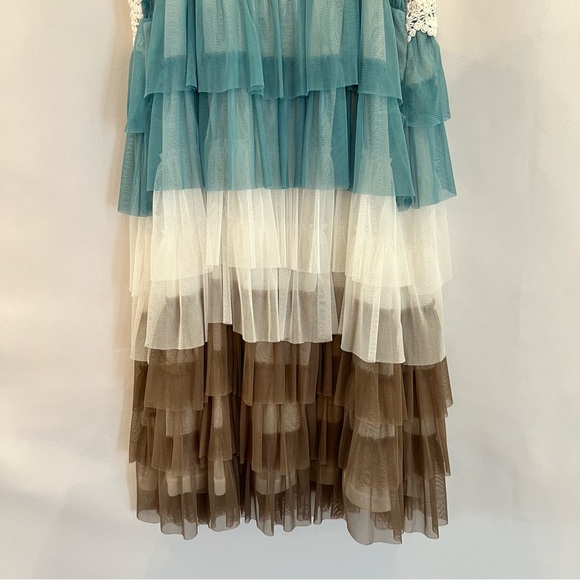 Babydoll Tiered Mini Dress, Cream/Teal/Brown, Size XL - Picture 6 of 7